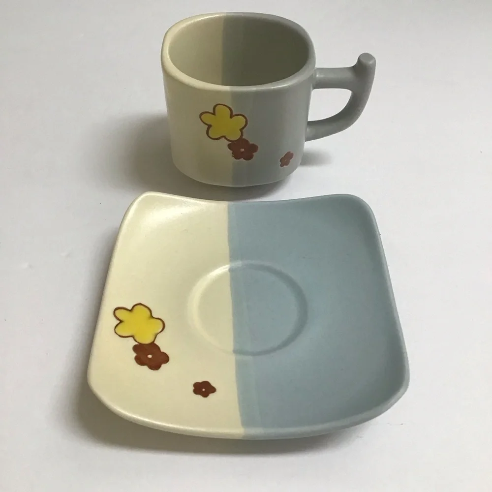Japanese Pottery Espresso Coffee Cup & Saucer Tea Cup Mod Cherry Blossom Floral